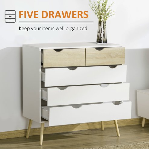 HOMCOM Nordic Style Chest of Drawers, 5 Drawer Dresser with 4 Tapered Legs and Groove Handles, Storage Organiser Side Cabinet for Bedroom, Living Room