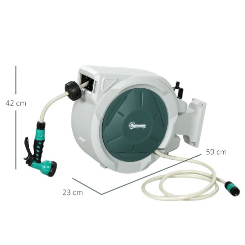 Outsunny Retractable Hose Reel Wall Mounted, 30+2m Garden Hose Pipe Reel with Lock, Auto Rewind, 7 in 1 Spray Nozzle, Includes Wall Fixings, 180?? Swivel, Outdoor Watering, Grey