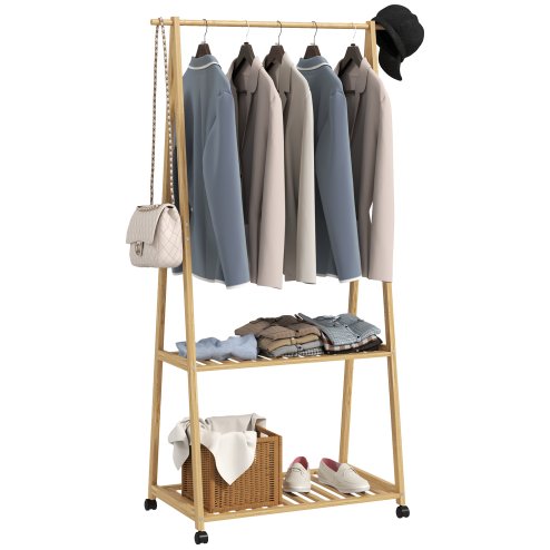 HOMCOM Bamboo Clothes Rail Rack with 2 Storage Shelves and 2 Hooks, Freestanding Open Wardrobe Coat Stand with Wheels for Entryway, Bedroom, Natural Wood Effect