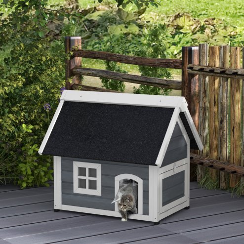 PawHut Outdoor Cat House, Wooden Feral Cat Shelter, Water-Resistant Hide Home with Openable Asphalt Roof, Three Doors, 77 x 57.5 x 68cm - Grey