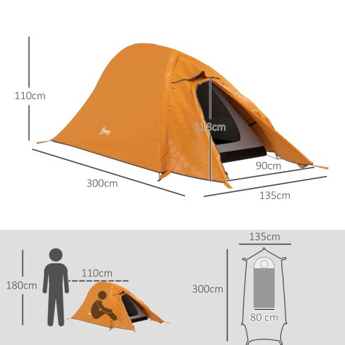 Outsunny 1-2 Man Camping Tent, Double Layer Dome Tent with 2000mm Waterproof Rainfly and Carry Bag, Lightweight for Fishing, Travel, Hiking, Sports, Festival, Orange