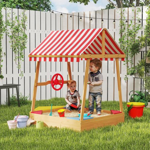 AIYAPLAY Wooden Kids Sandpit, Boat Sandbox with Canopy, Seats, Rudder & Non-woven Fabric Bottom Liner, Outdoor Sand Pit for Children 3-8 Years, for Garden, Grass, Beach, Yellow