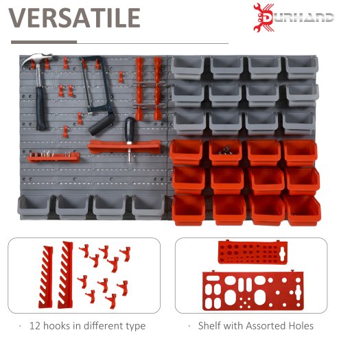 DURHAND 44 Pcs On-Wall Garage DIY Storage Unit with 28 Cubes 10 Hooks 2 Boards Screws Organisation Pegboard Tool Equipment Red