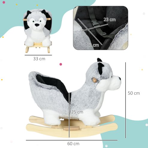 HOMCOM Husky Baby Rocking Horse for Toddlers, Plush Wooden Child Rocking Animal with Sound, Seatbelt, Gift for Ages 18-36 Months, Kids Ride-On Toy for Indoor Use - Grey