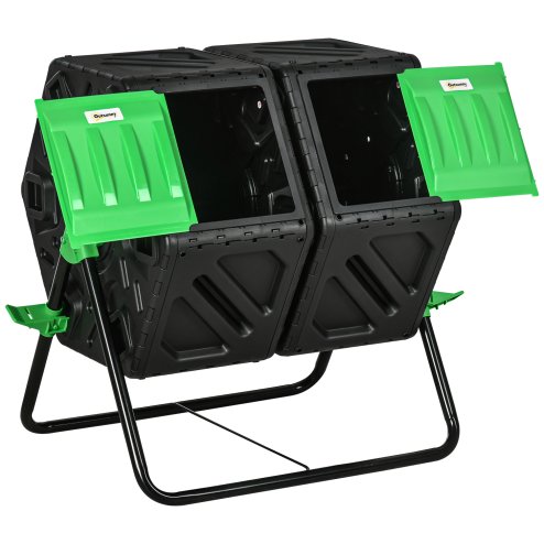 Outsunny Dual Chamber Garden Compost Bin, 130L Rotating Composter, Compost Maker with Ventilation Openings and Steel Legs, Green and Black Image