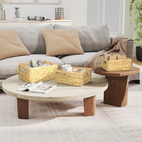 HOMCOM Set of 3 Wicker Storage Baskets, Woven Baskets with Handles, for Organizing, Storage Boxes for Shelves, Bedroom, Living Room, Bathroom, Natural Tone