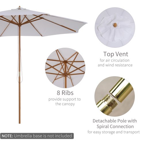 Outsunny 3(m) Garden Parasol, Pulley Operated Patio Umbrella, Wooden Parasol, Table Market Umbrella with Rope Pulley Mechanism and 8 Ribs, White