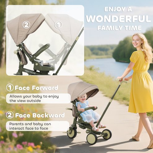 AIYAPLAY Kids Trike, Foldable Toddler Tricycle 5 in 1 with Adjustable Parent Handle & Removable Canopy, 5-point Safety Harness, Footrest, Storage Bag, for Ages 1-3 Years, Dark Green