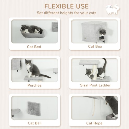 PawHut Cat Wall Shelves, 6-Piece Cat Wall Furniture Set with Condo, Platforms, Sisal Scratching Post, Bed and Toy Ball, for Climbing, Sleeping, Playing, Grey