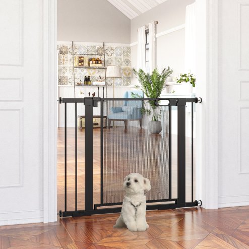 PawHut Pressure Fit Safety Gate for Doorways and Staircases, Dog Gate w/ Auto Closing Door, Pet Barrier for Hallways w/ Double Locking, Openings 75-103CM - Black