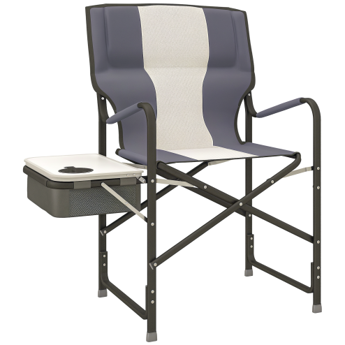 Outsunny Aluminium Directors Chair, Folding Camping Chair for Adults with Side Table, Cup Holder, Cooler Bag and Pocket, Up to 120 kg, Grey
