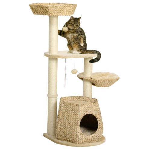PawHut Cat Tree Tower for Indoor Cats, Climbing Activity Centre, Kitten Furniture with Cattail Fluff Bed House, Sisal Scratching Post, Hanging Ball, 50 x 50 x 119cm, Natural Tone