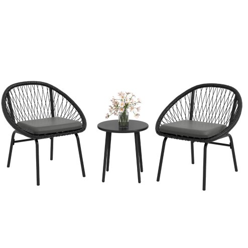 Outsunny 3 Pieces Rattan Bistro Set, Wicker Garden Furniture Set with Round Metal Top Coffee Table and Chairs, Washable Cushions for Outdoor, Patio, Balcony, Black