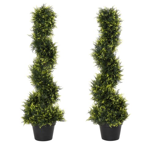 Outsunny 90cm/3FT Artificial Trees, Spiral Topiary Trees w/ Pot Set Of 2, Fake Indoor Outdoor Greenery Plant Home Office Garden Decor Green