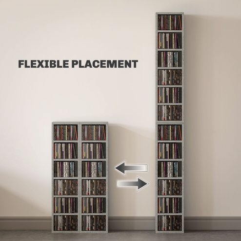 HOMCOM 204 CD Media Display Shelf Unit Set of 2 Blu-Ray Tower Rack w/ Adjustable Shelves Bookcase Storage Organiser, Cement Grey