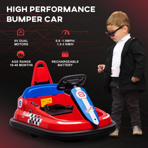 HOMCOM Kids Bumper Car 360° Rotation Spin Waltzer Car 6V Electric Ride On Car with 2 Speeds, Music, Lights for 18-48 Months - Red