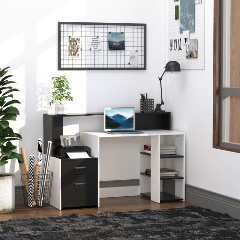 HOMCOM Computer Desk with Drawers and Storage Shelves, Office Desk Writing Table with Printer Stand, Large Workstation for Study Play Work Home Office, 137 x 55 x 92cm, Black and White