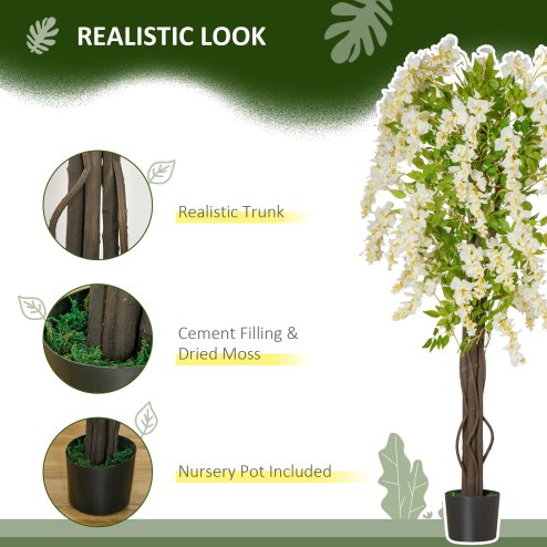 HOMCOM Artificial Realistic White Wisteria Tree Faux Decorative Plant in Nursery Pot for Indoor Outdoor D??cor, 160cm