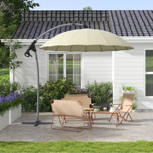 Outsunny 2.7m Cantilever Parasol with Cross Base, Banana Parasol with Crank Handle and 16 Fibreglass Ribs, Round Hanging Patio Umbrella for Outdoor Pool, Garden, Balcony, Beige