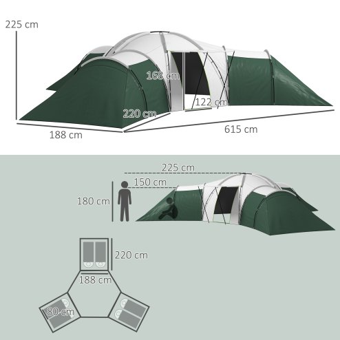 Outsunny 6-9 Man Large Tunnel Tent with 3 Bedroom, Living Area and Porch, 2000mm Waterproof Camping Tent, Portable with Bag, for Fishing Hiking Festival, Green