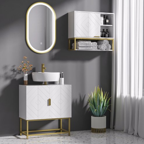 kleankin Modern Bathroom Sink Cabinet, Freestanding Under Sink Storage Cabinet, Space Saving Wooden Basin Cupboard with 2 Doors and Gold Steel Legs, 60 x 30 x 65 cm, White