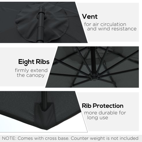 Outsunny 3(m) Garden Banana Parasol Hanging Cantilever Umbrella with Crank Handle, 8 Ribs and Cross Base for Outdoor, Sun Shade, Black