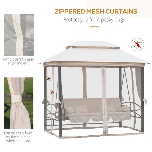 Outsunny 3 Seater Convertible Swing Chair, Outdoor Gazebo Swing Seat Bed with Double Tier Canopy, Cushioned Seat, Mesh Sidewalls and Curtains, Beige
