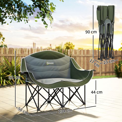 Outsunny Double Camping Chair for Adults, Oversized Heavy Duty Padded Folding Chair with Armrests, Cup Holders and Carry Bag for Outdoor Camping Hiking Picnic Fishing, 250kg Capacity, Green
