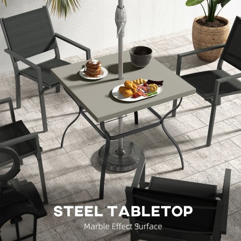 Outsunny 80cm Square Garden Dining Table with Umbrella Hole, Outdoor Dining Table with Marble Effect Top for 4 People, Black/Grey