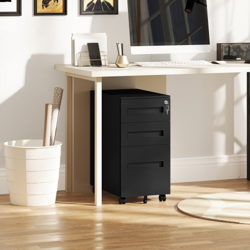 Vinsetto Metal Mobile File Cabinet with Wheels, Lockable 3 Drawer Filing Cabinet for A4, Legal, Letter, Compact Under Desk Storage Unit with Pre-Assembled Body for Home Office, 30 x 43.5 x 60cm, Black