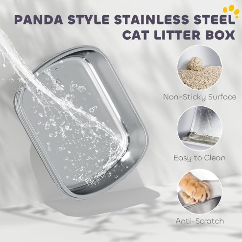 PawHut XL Stainless Steel Litter Box with Lid, Extra Large Enclosed Litter Tray with Scoop & 180 Flip Front Cover, Anti-Leakage, Non-Sticky, Non-Odour, Easy Cleaning, for Big Cats, Panda Style