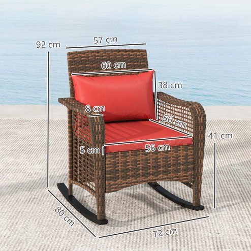 Outsunny Garden Rocking Chair, Outdoor Rattan Rocker Lounge Chair with Seat and Back Cushions, Patio Armchair Seat with All-weather Wicker, Steel Frame for Porch Balcony, Red