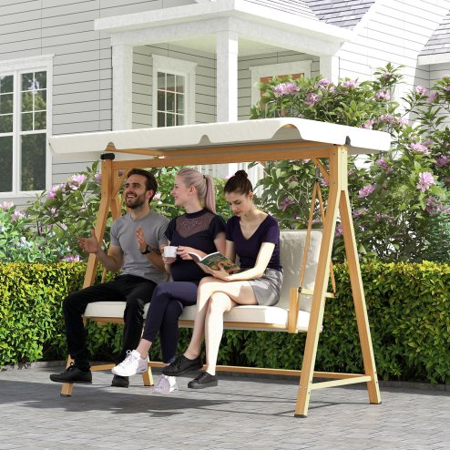 Outsunny 3 Seater Garden Swing Seat with UPF30+ Adjustable Canopy, Swing Chair with Cushion, Outdoor Hammock Bench for Balcony Patio, Beige
