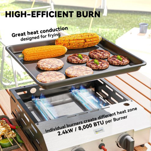 Outsunny Gas Plancha Grill with 2 Stainless Steel Burners, 4.8kW, Portable Tabletop Gas BBQ with Non-Stick Griddle for Camping, Picnic, Garden, Party, Festival, Silver Tone
