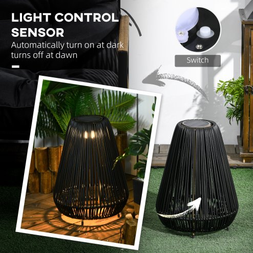Outsunny Outdoor Solar Lamp, 3-Level Adjustable Garden Rattan Solar Lantern and Decorative Lighting with Auto On/Off LED Light for Porch, Courtyard, Deck, Black
