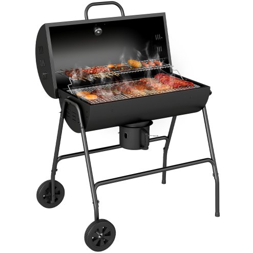 Outsunny Charcoal Barbecue Grill, Portable Barrel BBQ Trolley Smoker with Wheels, Ash Catcher and Thermometer for Outdoor Garden Party Cooking, Black