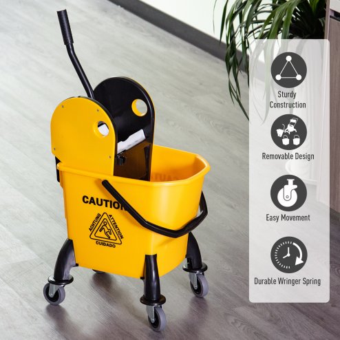HOMCOM 26L Mop Bucket with Wringer, Mop Bucket on Wheels with Carry Handle, Mop Holder, Plastic Body for Household, Yellow