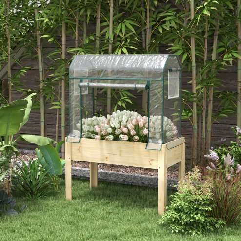 Outsunny Wooden Raised Planter with Plastic Greenhouse Cover and Bed Liner, Elevated Garden Bed for Vegetables, Flowers, Herbs, 115 x 60 x 165cm, Clear