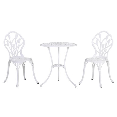 Outsunny 3 Piece Patio Bistro Set for 2, Outdoor Aluminium Garden Table and Chairs with Umbrella Hole for Balcony, White Image