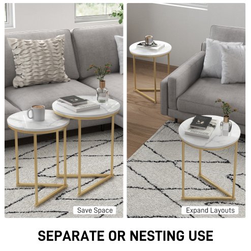 HOMCOM Nesting Coffee Table Set of 2, Modern Nest of Tables, Round Sofa Side Tables with Metal Frame for Living Room, Bedroom, Small Space, Gold Tone