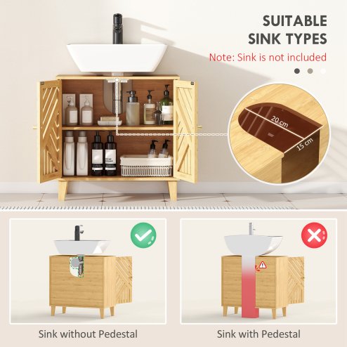 HOMCOM Under Sink Bathroom Cabinet, Bamboo Freestanding Under Sink Cabinet with Adjustable Shelf and Slat Doors for Basin without Pedestal, Natural