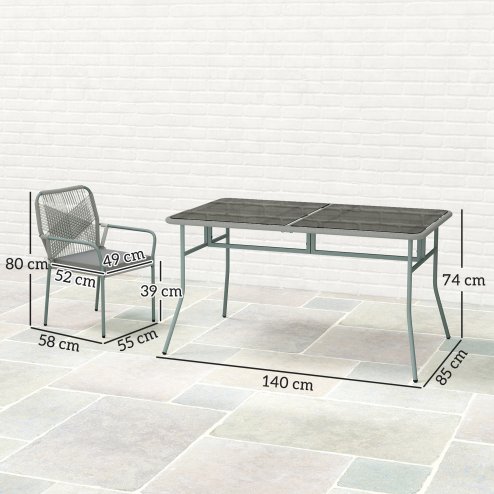 Outsunny 5 Piece Wicker Garden Dining Set, PE Rattan Garden Furniture Set with 4 Stackable Chairs, Tempered Glass Top Table and Cushions, Outdoor Table and Chairs for Patio, Conservatory, Light Grey