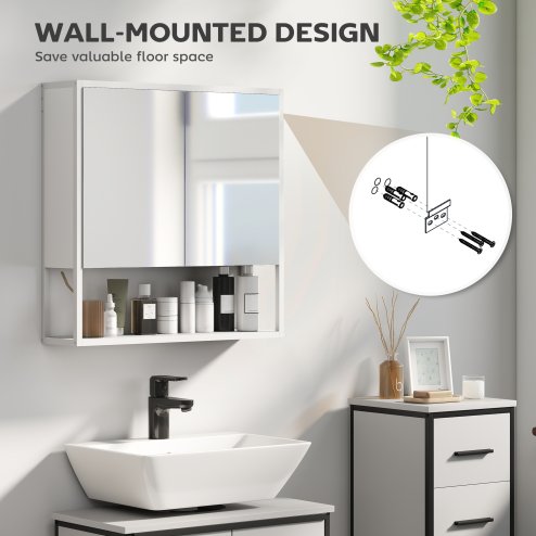HOMCOM Bathroom Mirror Cabinet Wall Mounted with Soft-Close Doors and Adjustable Shelf, Industrial Bathroom Wall Cabinet with Open Storage, 60 x 16 x 60 cm