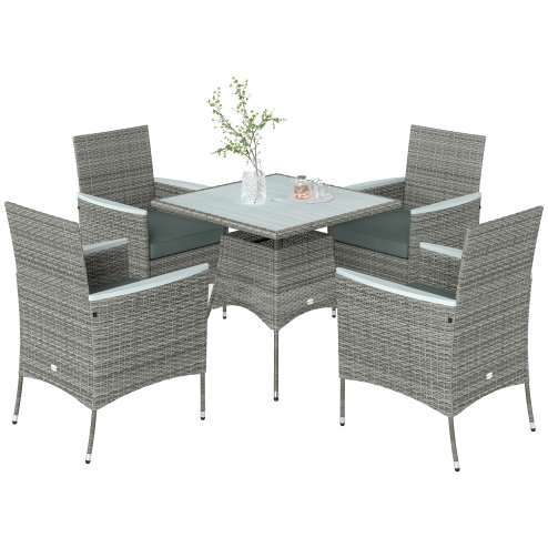 Outsunny Rattan Dining Set, 4 Seater Rattan Garden Furniture Set with 50mm Parasol Hole, Outdoor Garden Table and Chairs with Cushions, Slatted Wood Tabletop for Patio, Conservatory, Grey