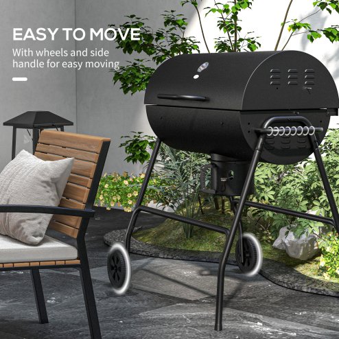 Outsunny Charcoal Barbecue Grill, Portable Barrel BBQ Trolley Smoker with Wheels, Ash Catcher and Thermometer for Outdoor Garden Party Cooking, Black