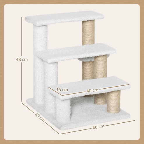 PawHut Pet Stair, Cat Tree with 3-step Climb Ladder, Scratching Posts, Platforms, Toy Ball, for Indoor Elderly Cats Kittens, White