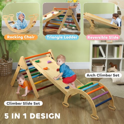 AIYAPLAY Toddler Climbing Frame, 5 In 1 Wooden Indoor Climbing Frame with Ramp, Arch, Foldable Pikler Triangle Set for Kids 18-48 Months, Multicoloured