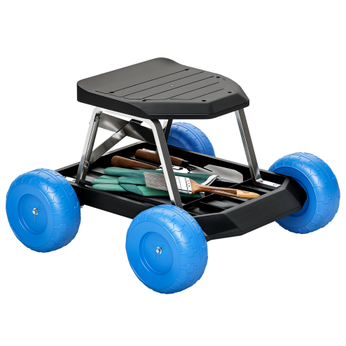 Outsunny Garden Cart with Wheels, Garden Stool Trolley with Tool Tray, Rolling Garden Seat for Weeding, Planting, Blue