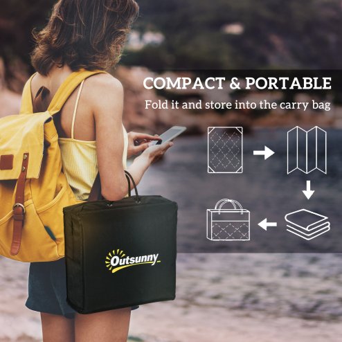 Outsunny Reversible Outdoor Rug with LED String Lights, Waterproof Plastic Straw Mat with Carry Bag for Garden, Deck, RV, Picnic, Beach, Camping, 182 x 274cm, Brown and Black