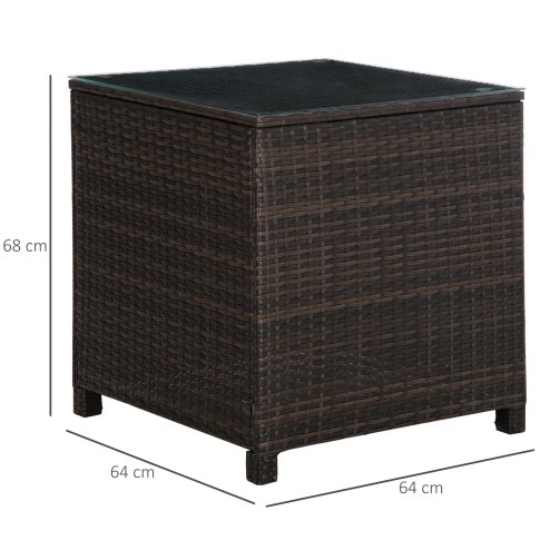 Outsunny Patio PE Rattan Side Table, Square Outdoor Coffee Table w/ Tempered Glass Top, Mixed Brown